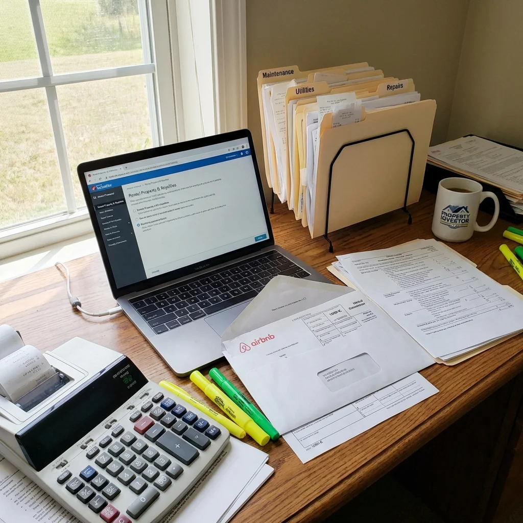 real estate investor's tax preparation workspace: 1099-K form from Airbnb, rental property receipts organized in folders, TurboTax software open on...