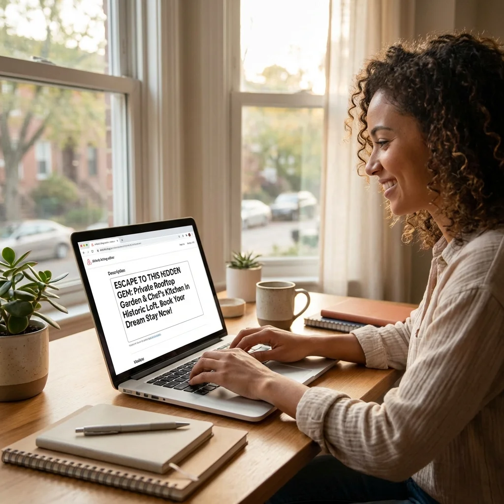 professional host writing airbnb listing description on laptop with property photos visible