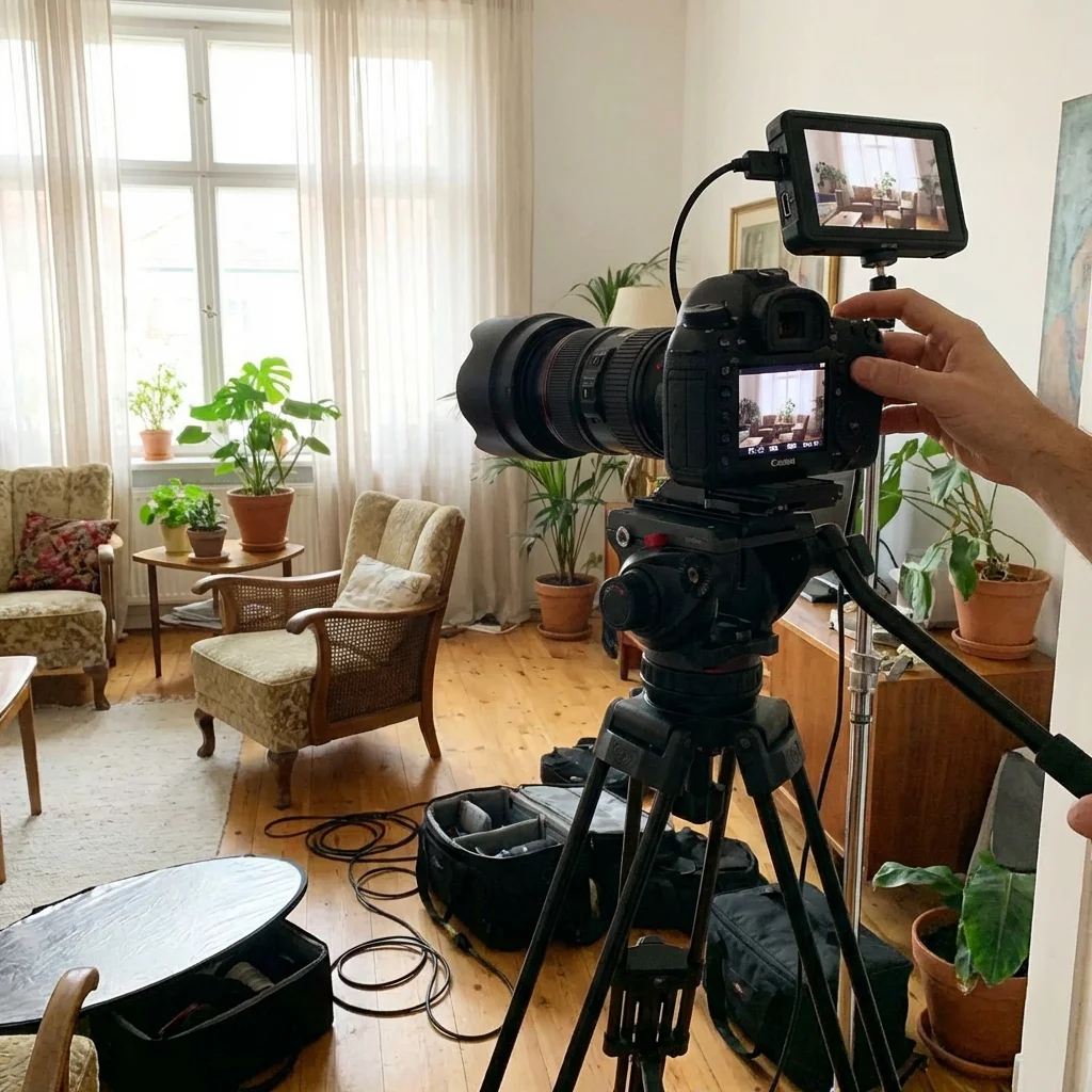 professional photographer taking photos of modern airbnb living room with camera and lighting equipment