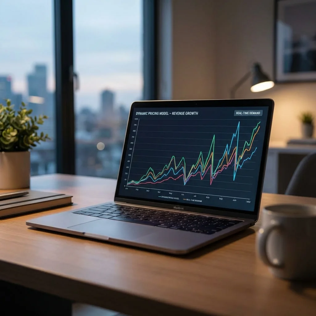 professional property manager analyzing PriceLabs dynamic pricing calendar on MacBook Pro, colorful rate fluctuations visible, weekend price surges...
