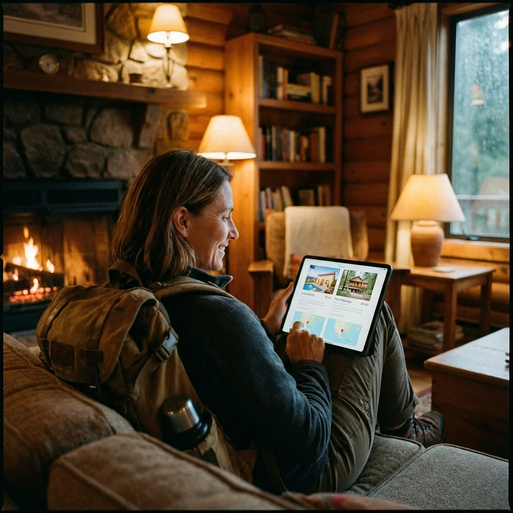 split screen comparison of airbnb and booking.com websites on laptop showing property listings