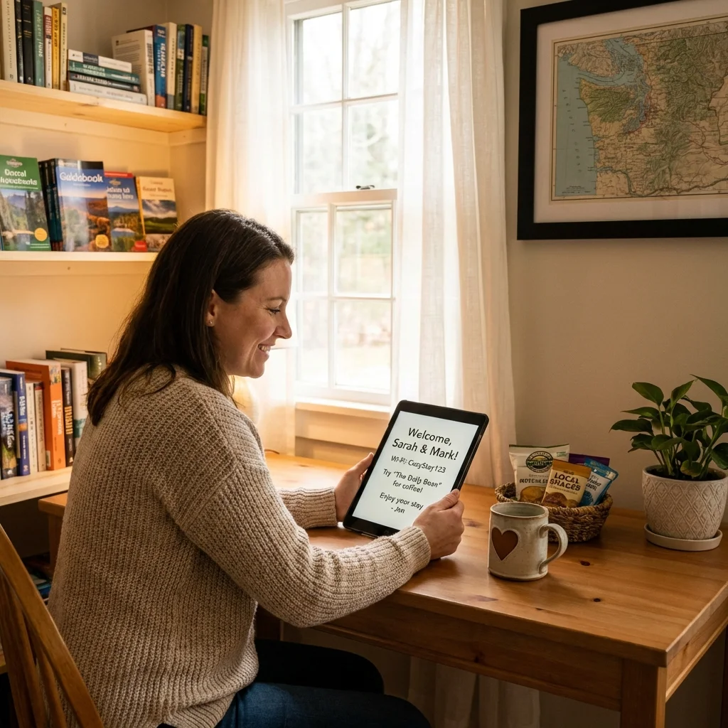 airbnb welcome message on phone screen with keys and welcome mat