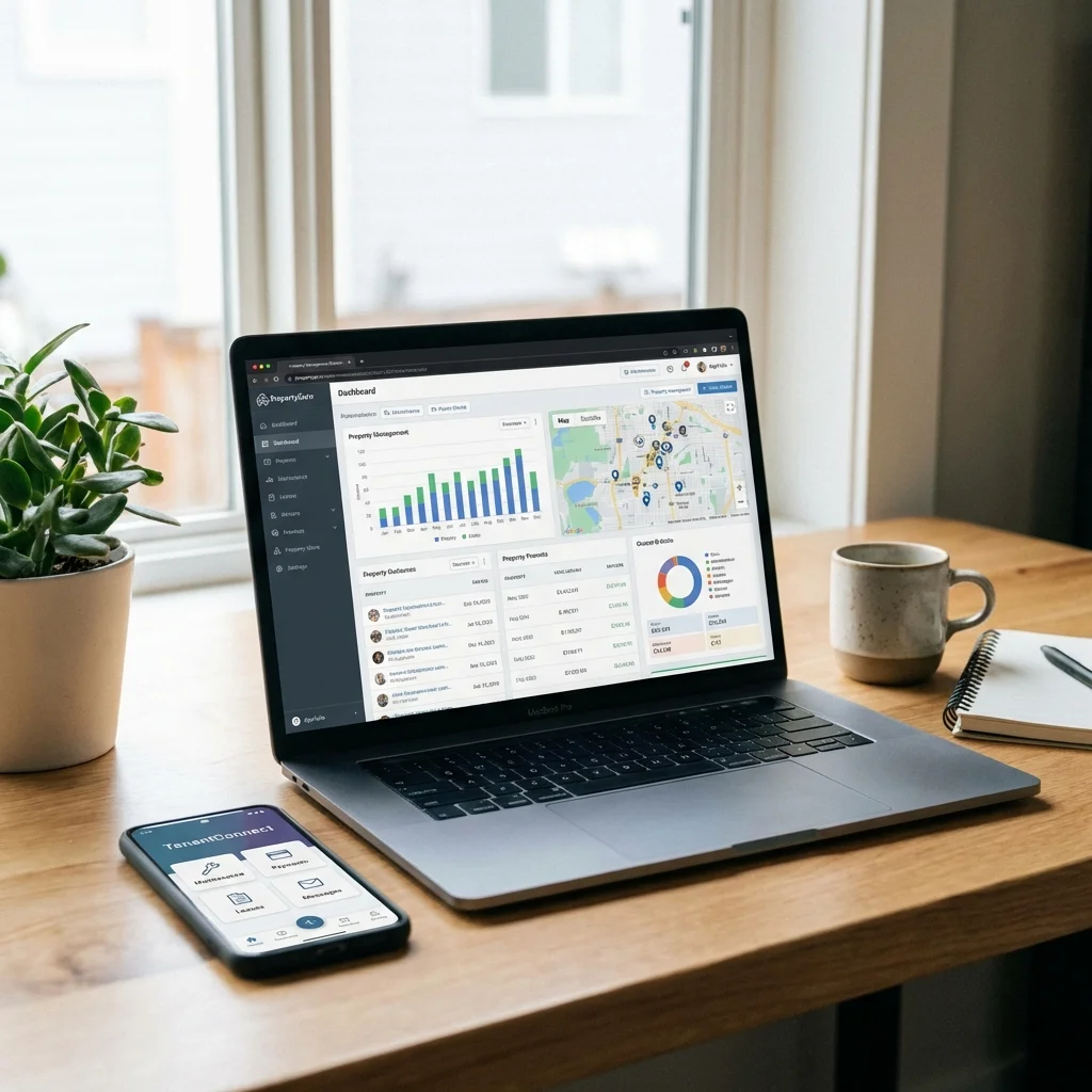 modern laptop with dashboard software on screen on a wooden desk