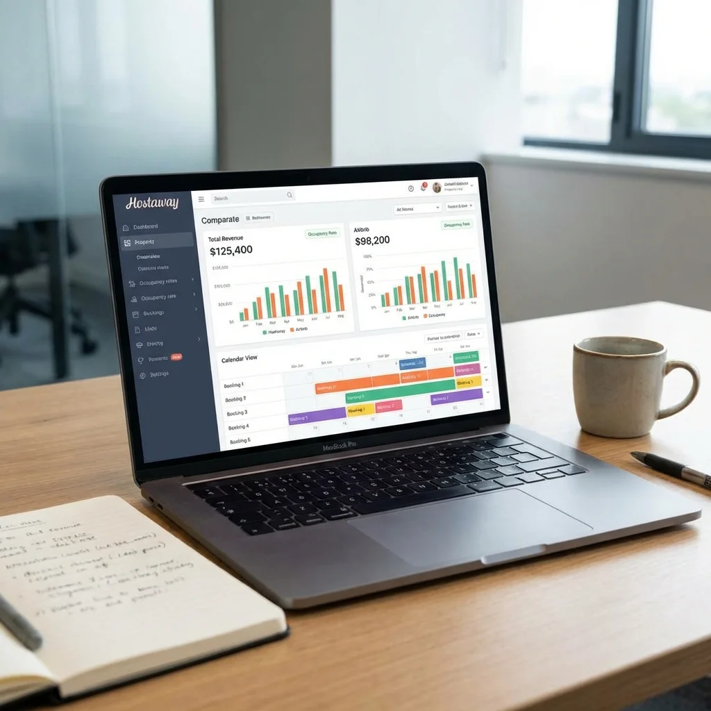 laptop screen showing a modern property management dashboard with charts and calendars