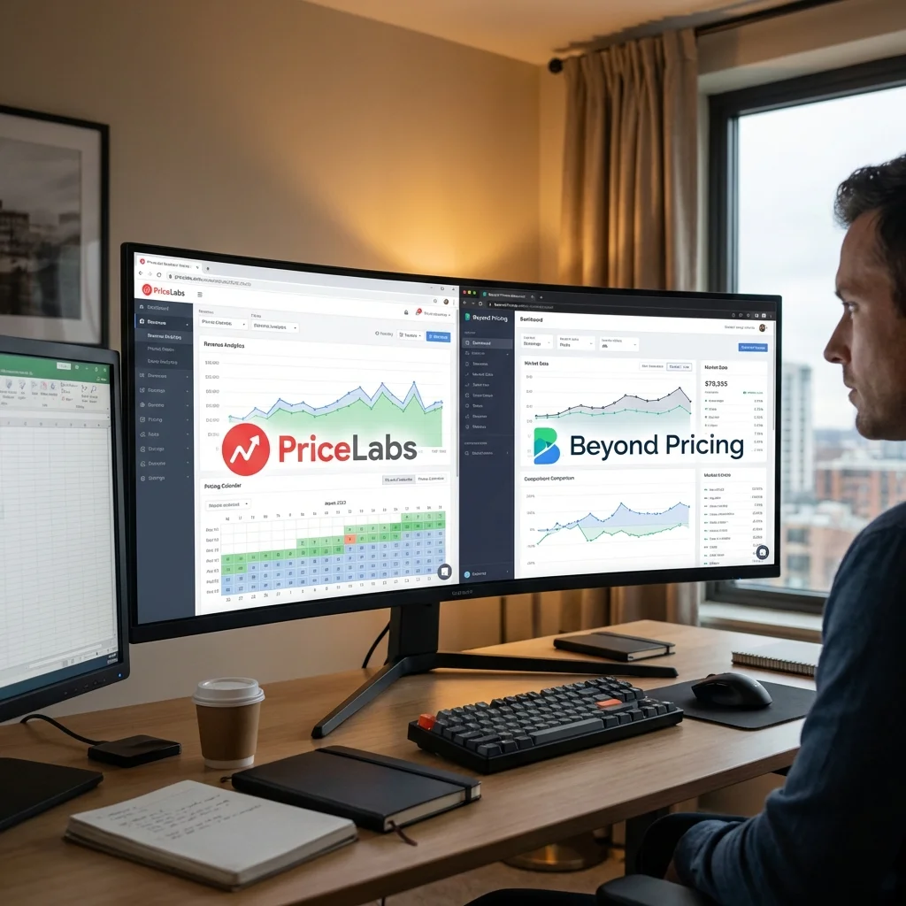 comprehensive comparison of vacation rental pricing software on large monitor, PriceLabs and Beyond Pricing interfaces visible side-by-side, revenue...