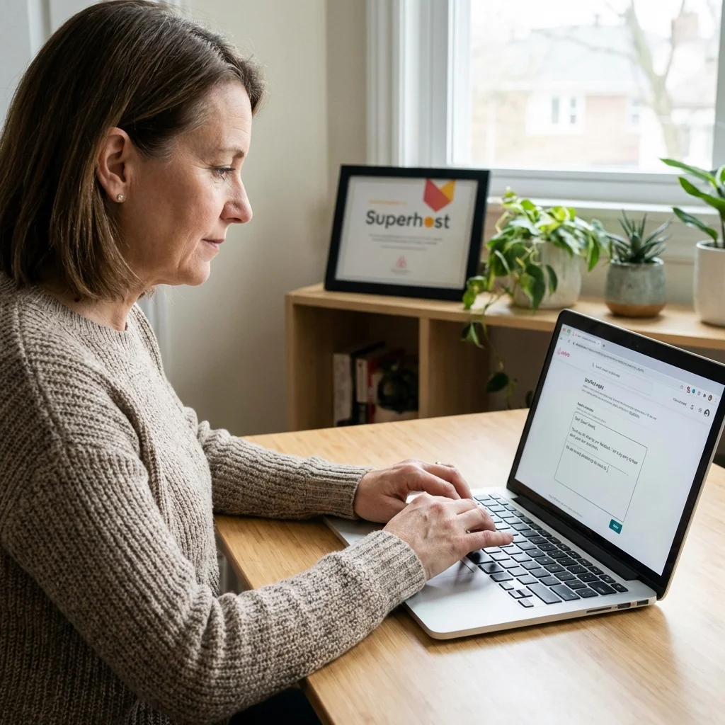 professional host responding to guest review on laptop with positive and negative feedback visible
