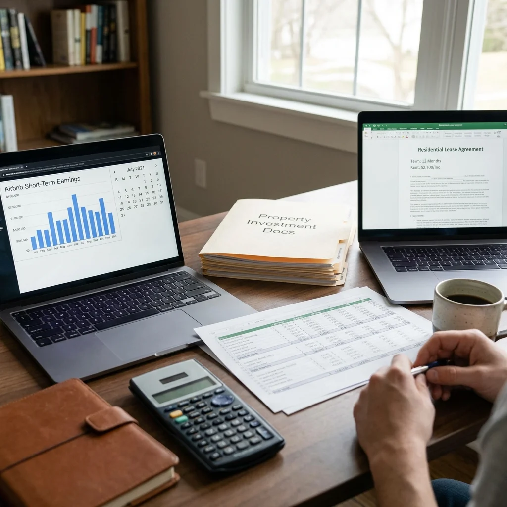 financial comparison chart showing short-term vs long-term rental income on a modern desk with calculator