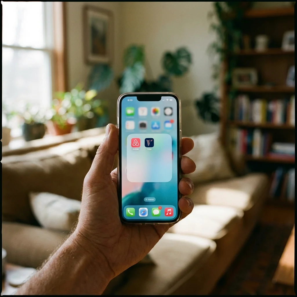 side-by-side logos of VRBO and Airbnb on a modern smartphone screen