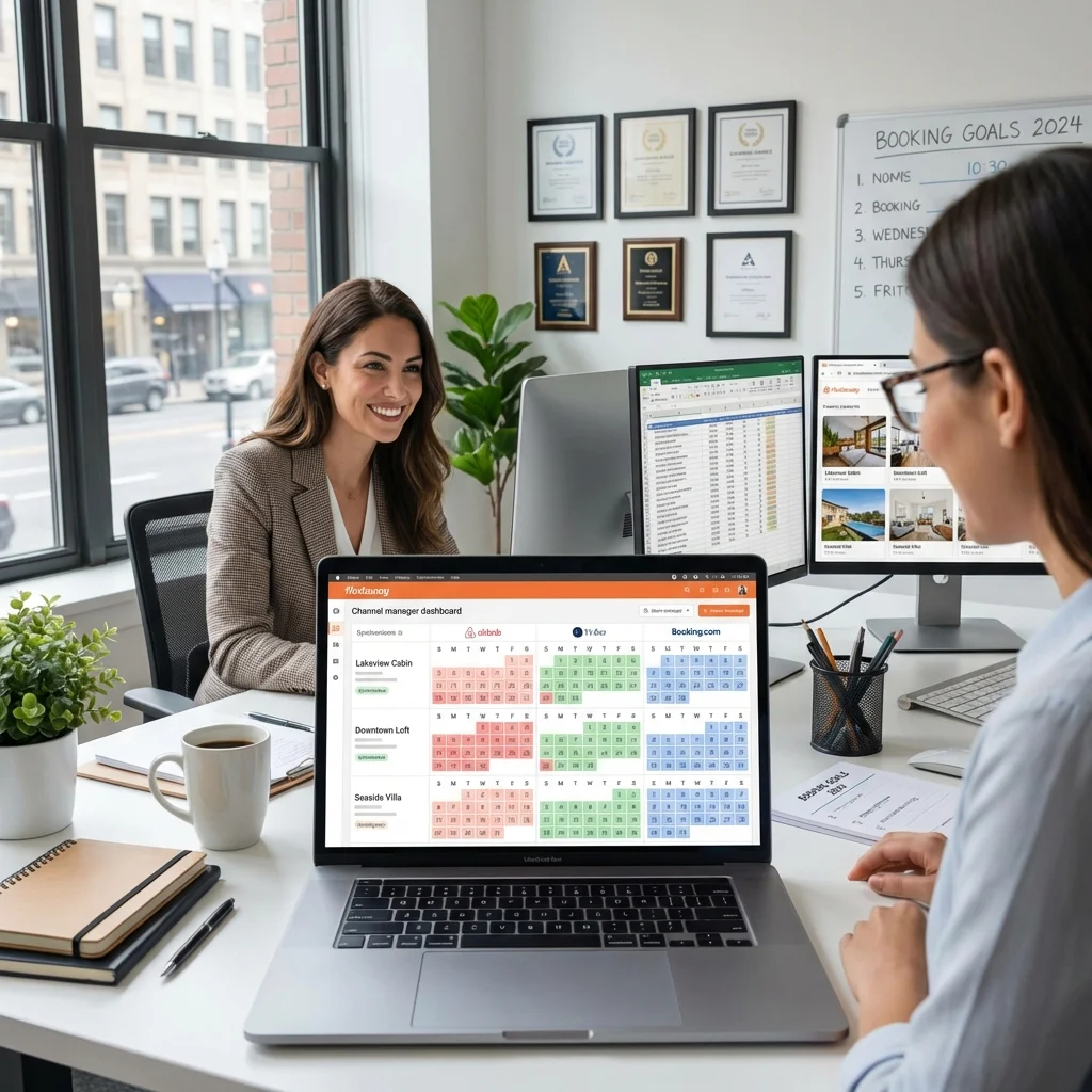 property manager using Hostaway channel manager on laptop, synchronized calendars from Airbnb, Vrbo, and Booking.com visible on screen, multiple...